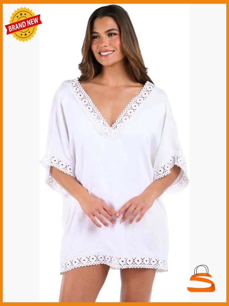 Linen Tunic Swimsuit Cover Up With Pockets Upf 25 V-Neck Kimono Sleeves
